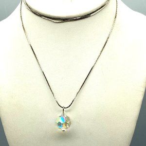 Vintage AB Crystal Pendant Necklace, Faceted Drop Bead on Long Delicate Silver